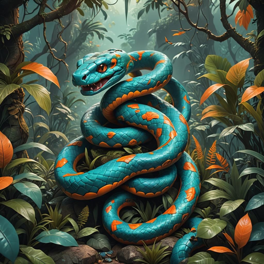 Turquoise Tattooed Snake in Jungle, Detailed Matte Painting