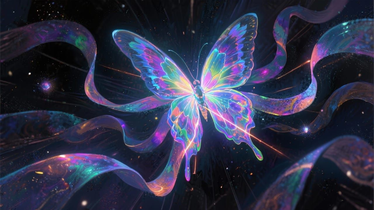 Butterfly Fusing Cosmic Ribbons in Moody Digital Art Style