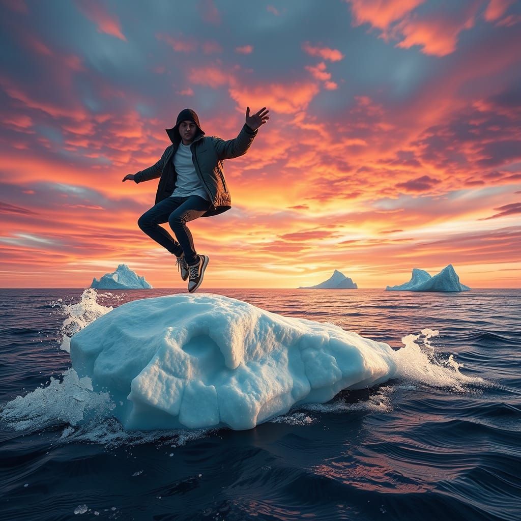 Hip Hop Dancer on a Floating Iceberg at Sunset