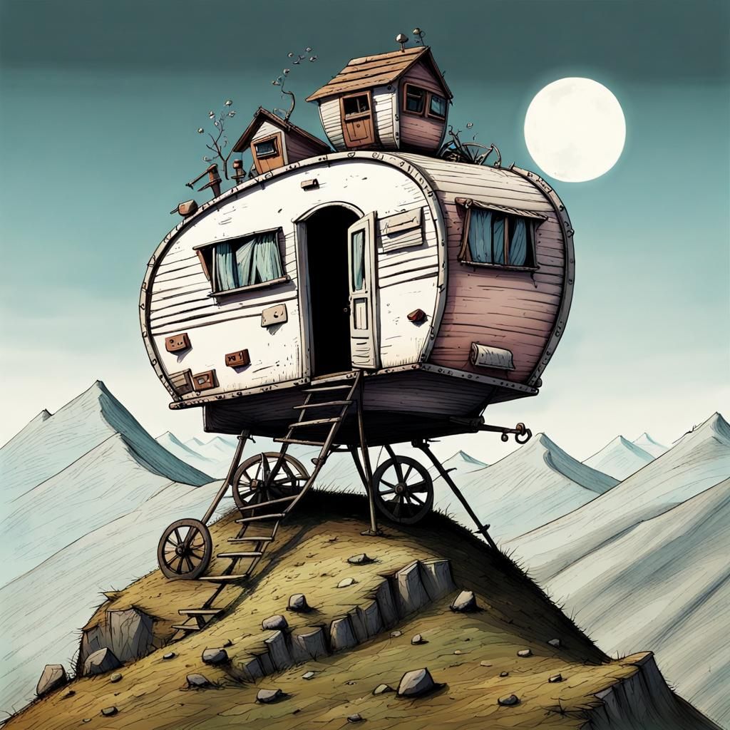 Caravan Perched on Mountain, Whimsical Maximalist Art