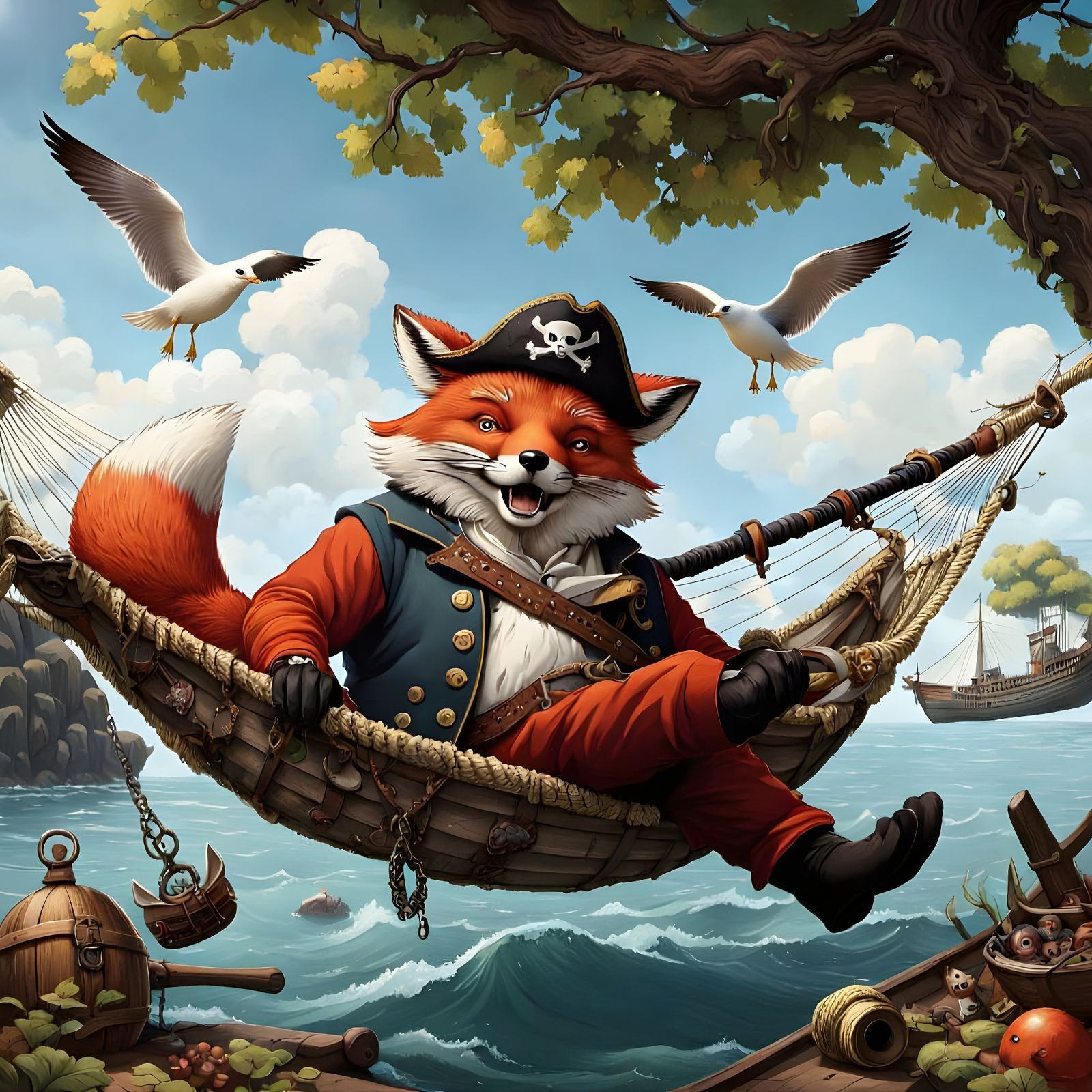 Anthropomorphic Pirate Fox Relaxing in Hammock