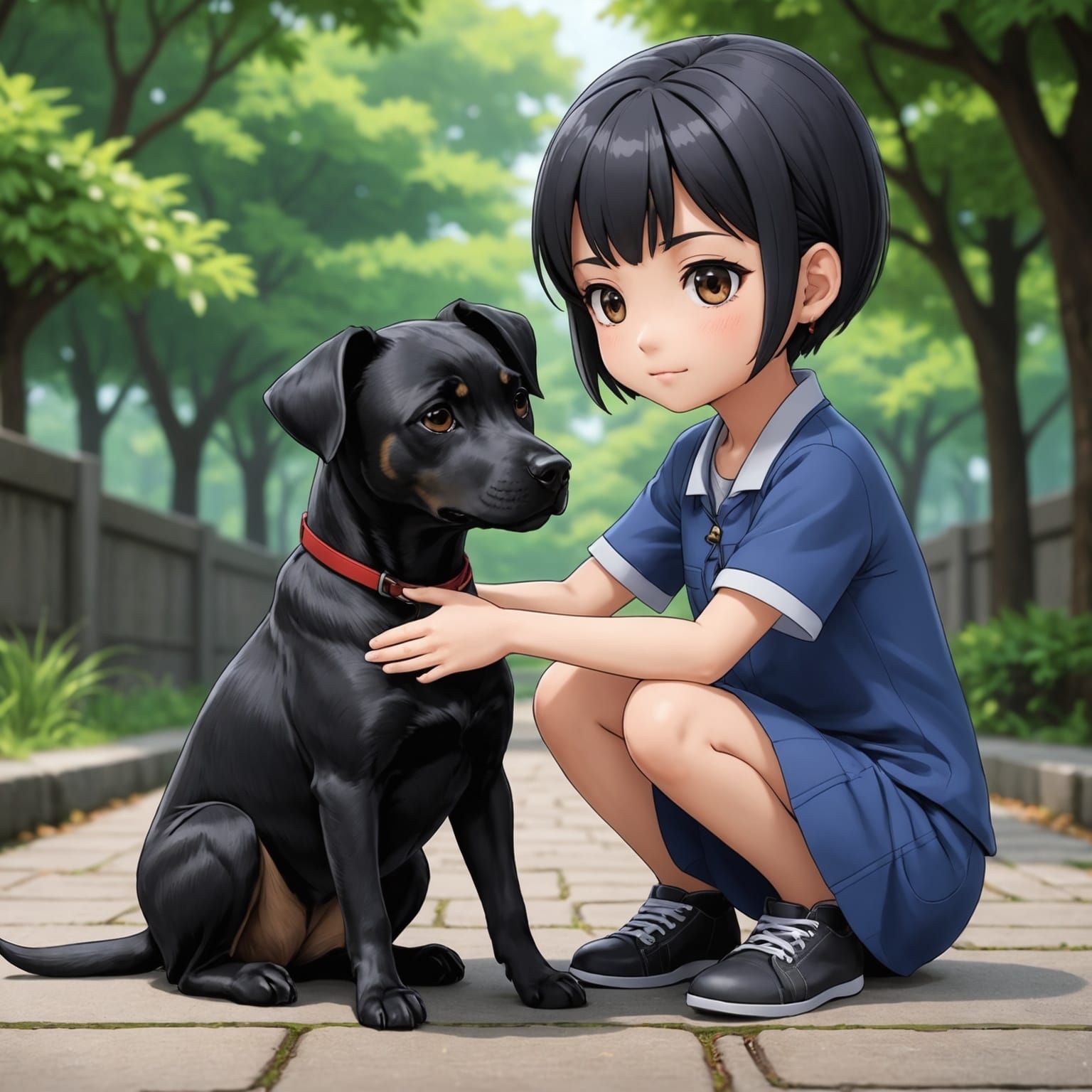 Anime Chibi Girl Petting a Thai Ridgeback