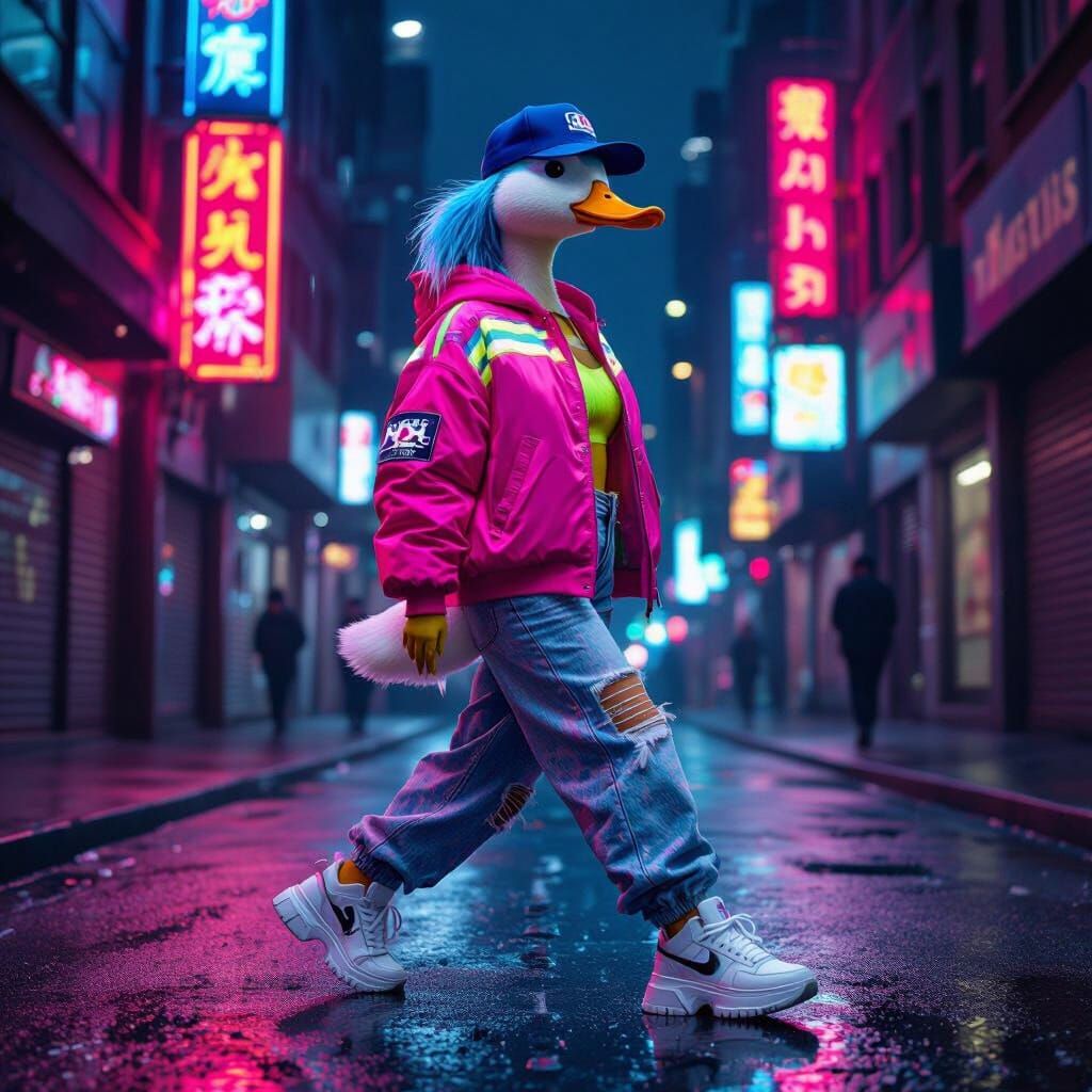 Fashionable Duck Struts 1980s City Street in Neon Style