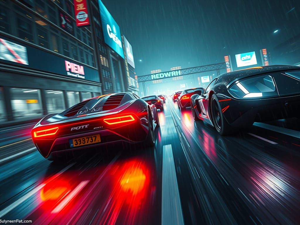 Cyberpunk-Inspired Futuristic Car Race to the Finish