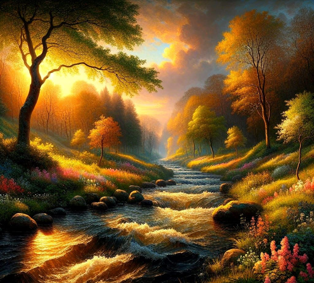 Golden Hour Spring Valley Stream in Impasto Style
