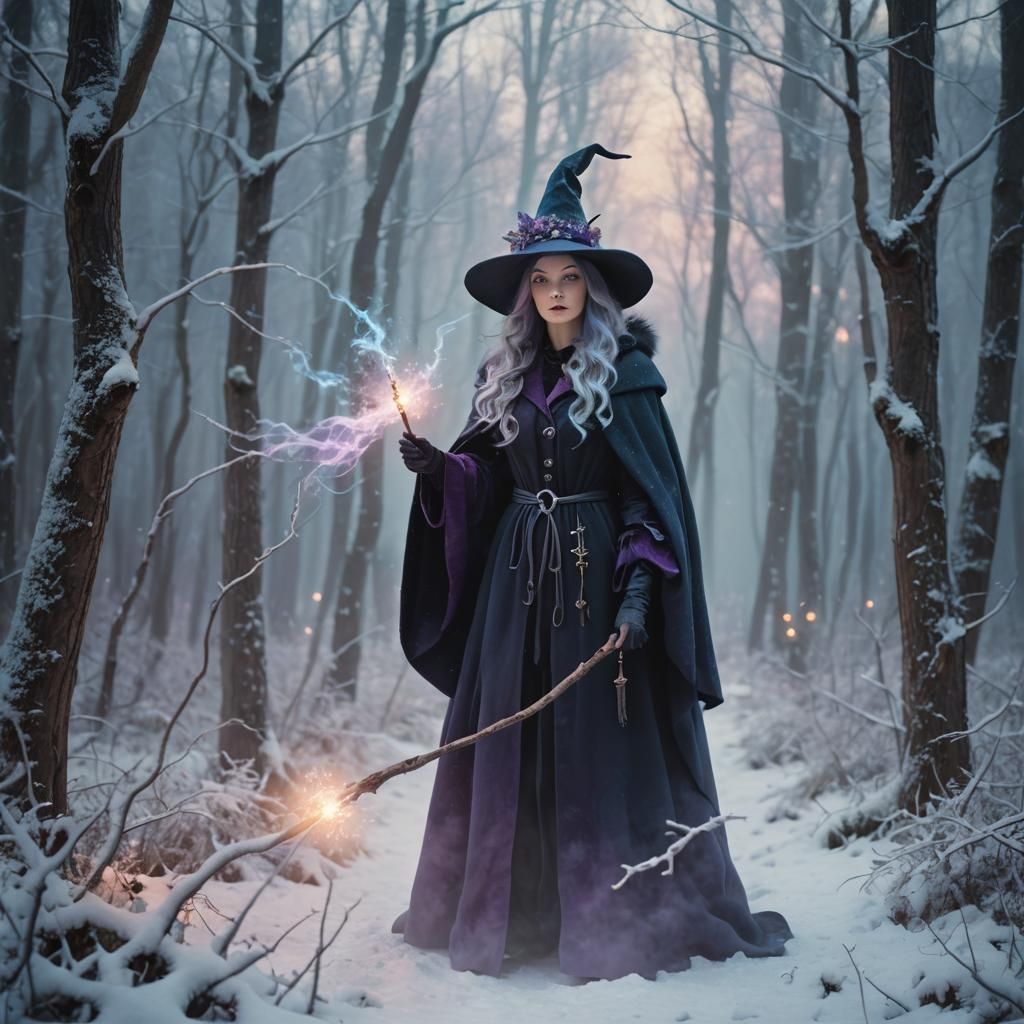 Whimsical Winter Witch in Enchanted Forest