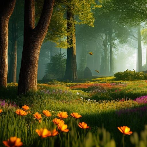 Honey Bee in Flower Meadow: Digital Art, Studio Ghibli Style