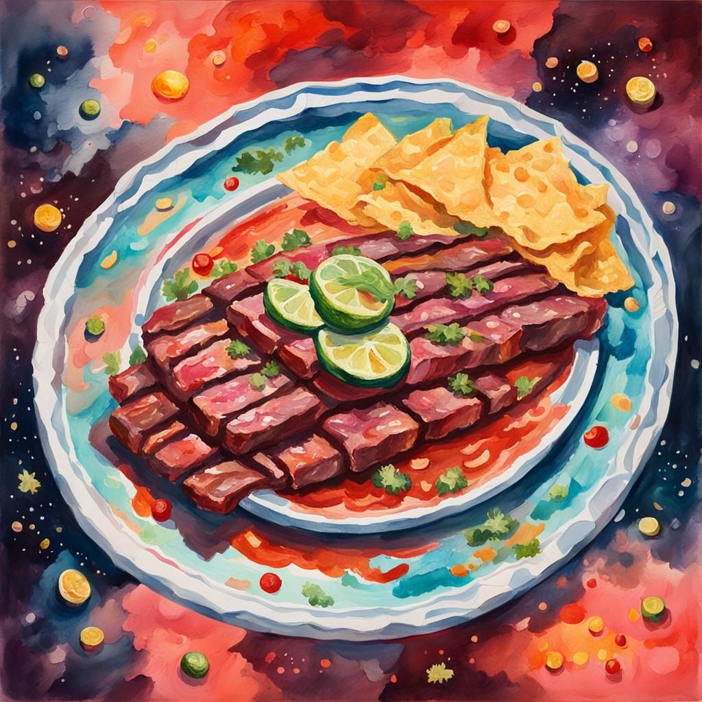A platter of carne asada floating in space in Gouache Style, Watercolor, Museum Epic Impressionist Maximalist Masterpiec...