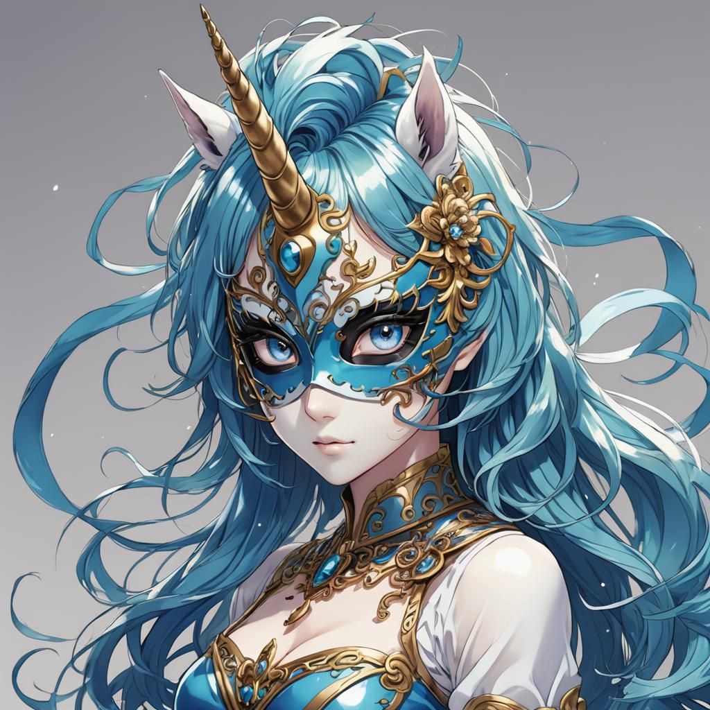 Masked Unicorn with Blue Mane in Anime Style