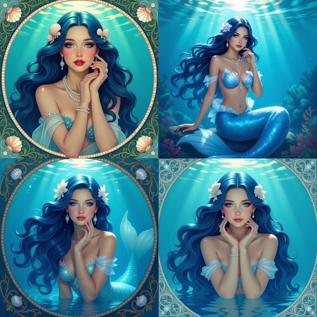 Sapphire-Haired Mermaid Portrait in Art Nouveau Style