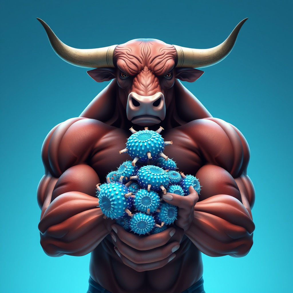 Muscular Bull Cradling Electric Blue Sea Urchins