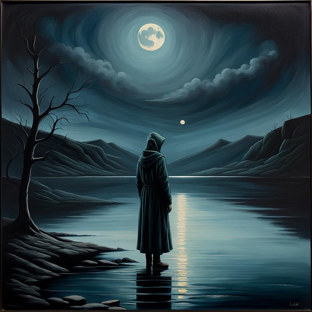 Poignant Oil Painting of Solitary Figure by Dark Lake