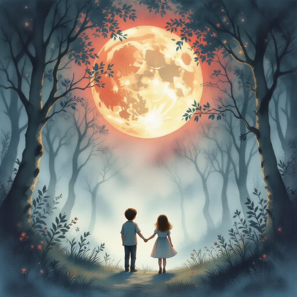 Children Beneath Scarlet Moon in Misty Woodland