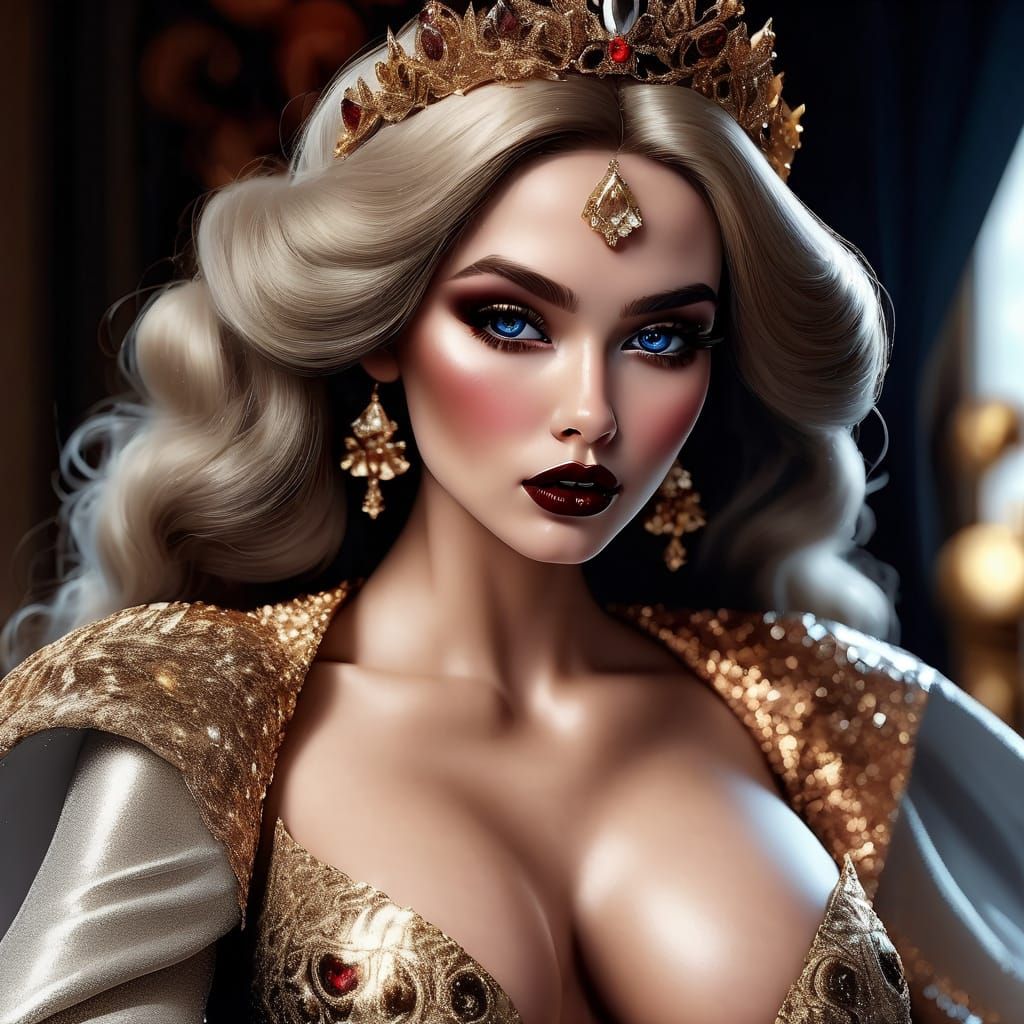 full body portrait, heavy makeup, dark thick red lips, princ...