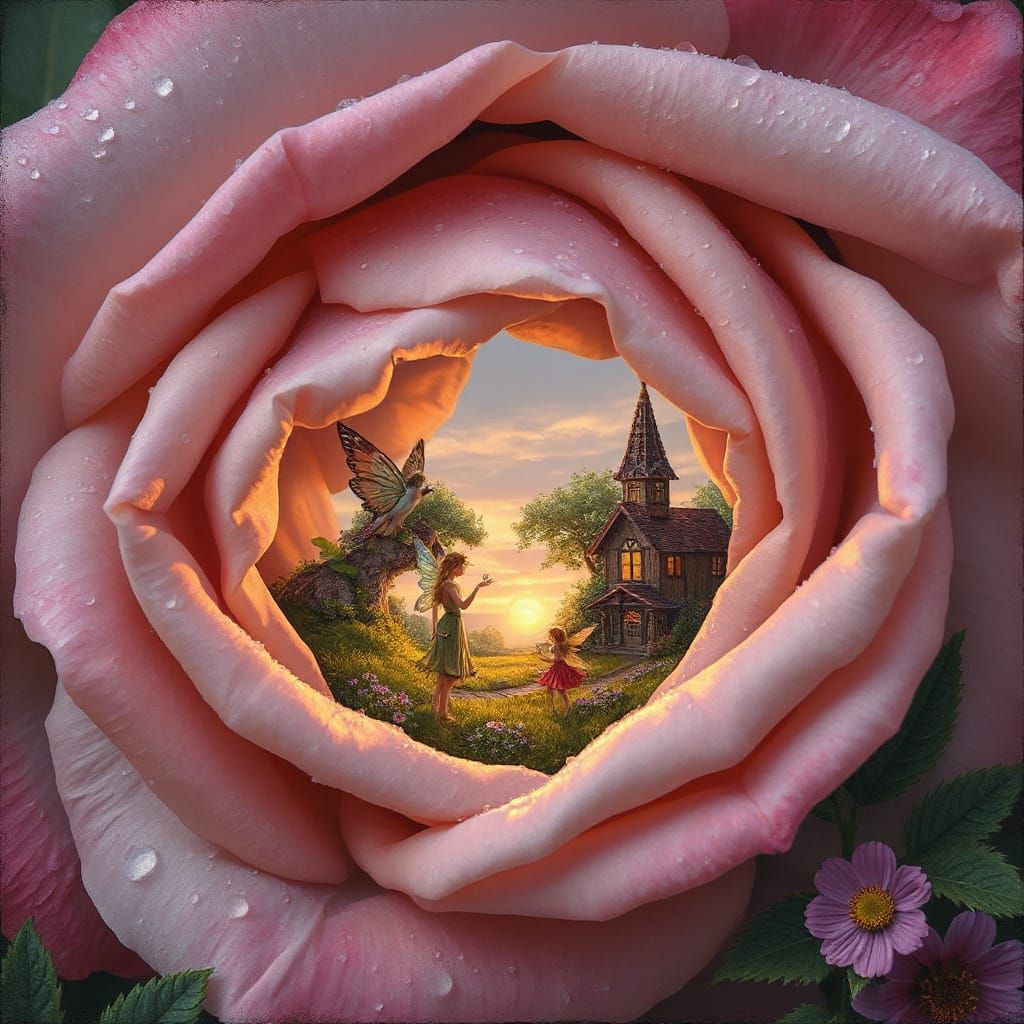 Miniature Fairy Village Inside a Dewy Rose, Gouache Style
