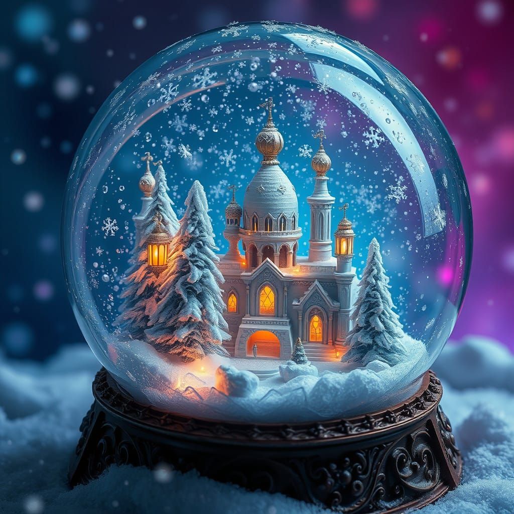 Mystical Snow Globe Scene in Whimsical Winter Wonderland