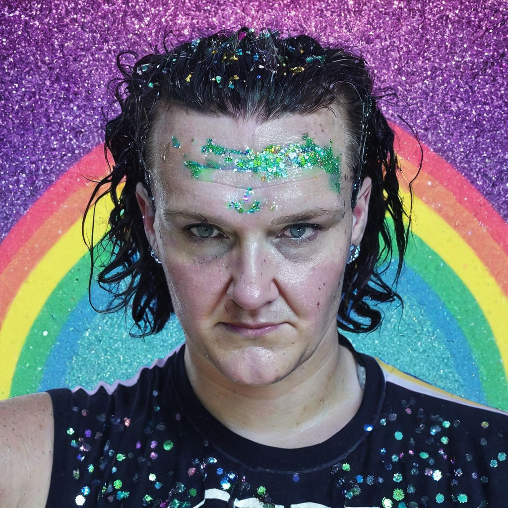 Emo Punkster Portrait Under Rainbow With Glitter and Skulls