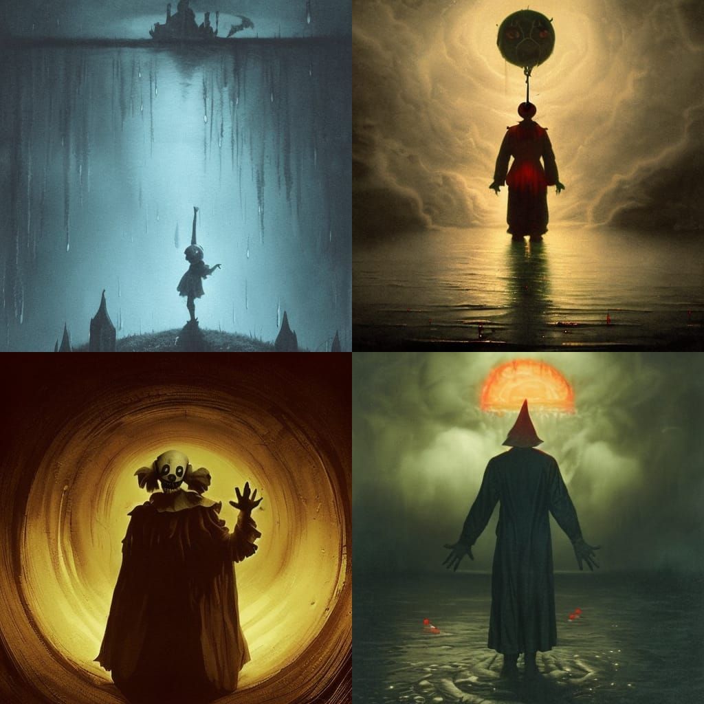 Sinister Clown in Rainstorm: A Surreal Horror Painting