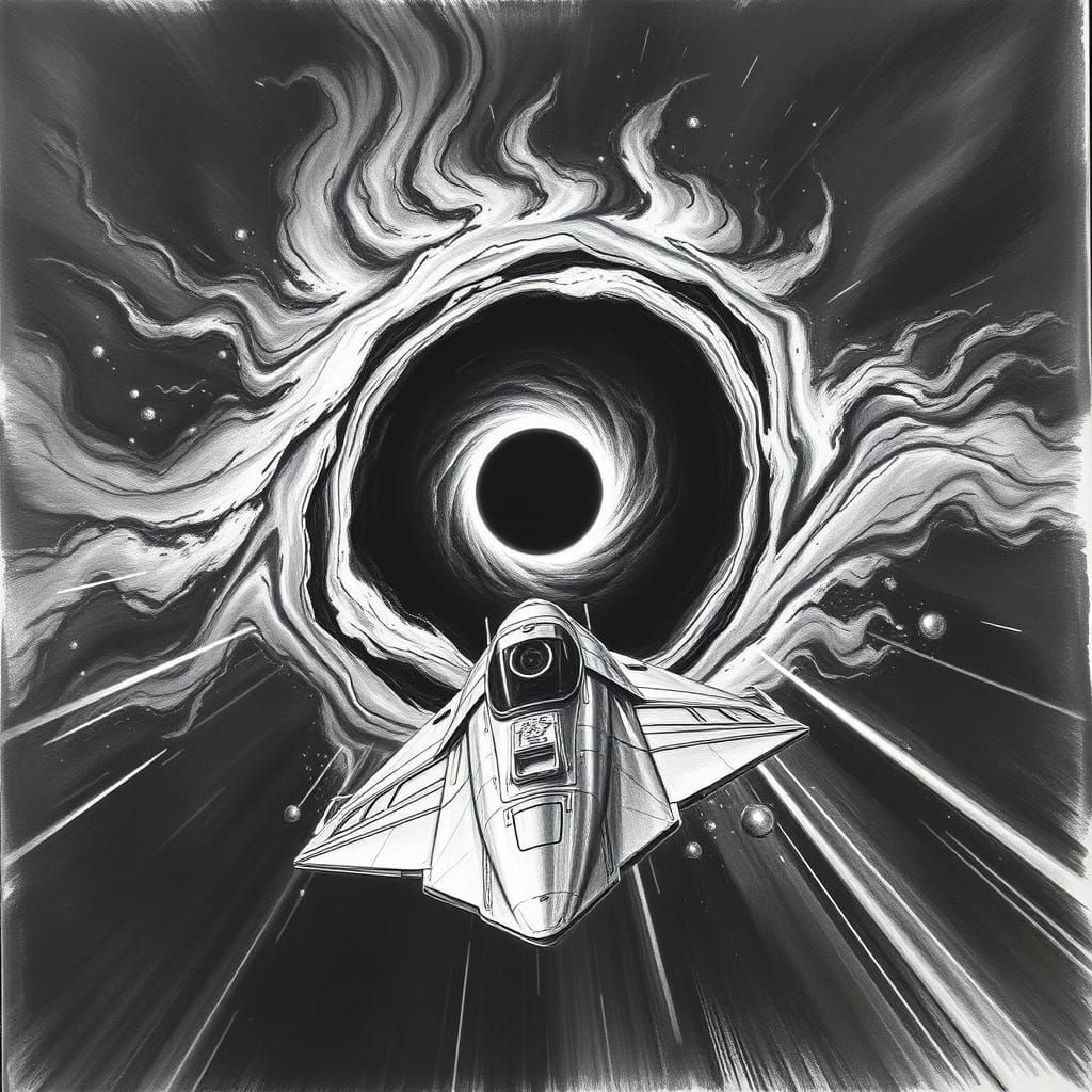 Spaceship Escapes Swirling Black Hole in Charcoal Drawing