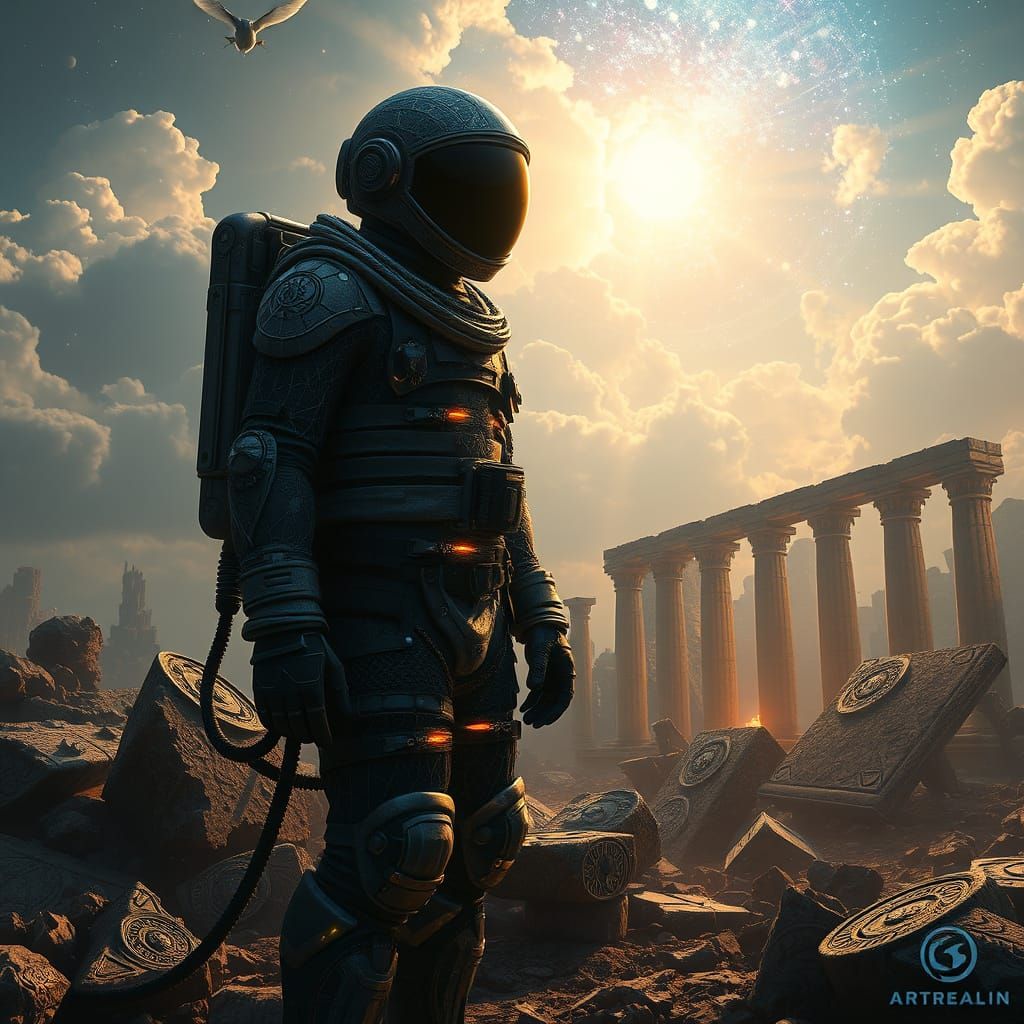 Ancient Astronaut in Starlight Suit in Celestial Ruins