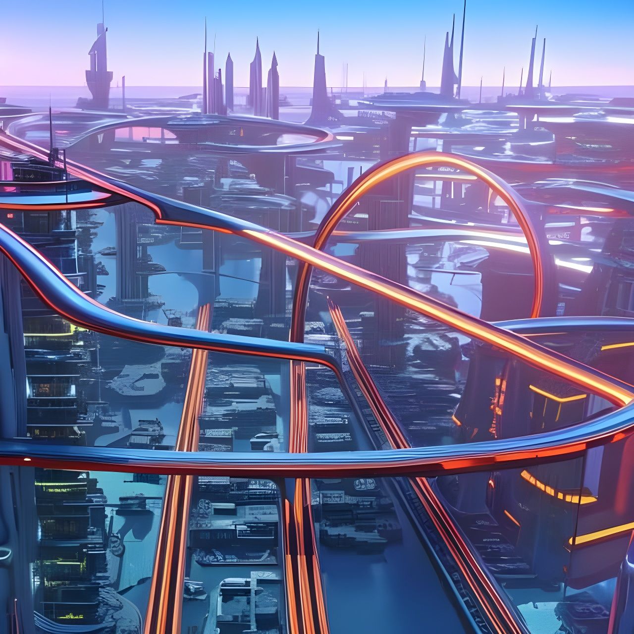 Retrofuturistic Cyberpunk Cityscape at Sunset