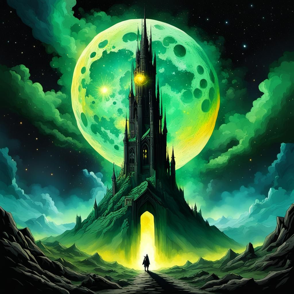 Dark Tower Collapsing on Moon with Magical Explosion