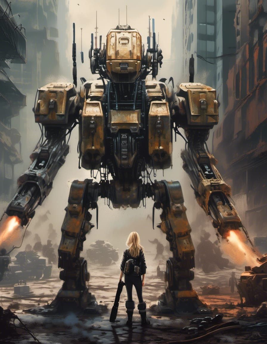 Blonde Soldier and Combat Robot in Post-Apocalyptic Style