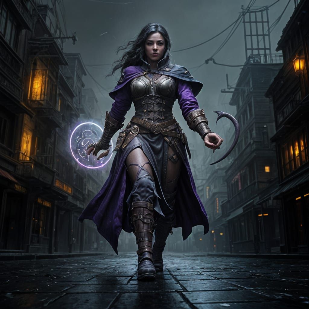 Dwarf female street mage casting a spell.