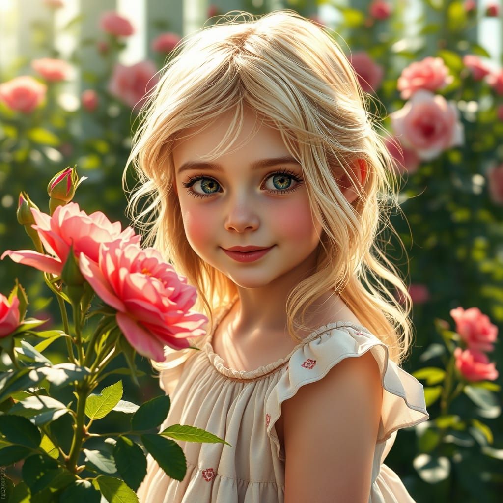Golden-Haired Girl Gazing at Roses in Fantasy Realism Style