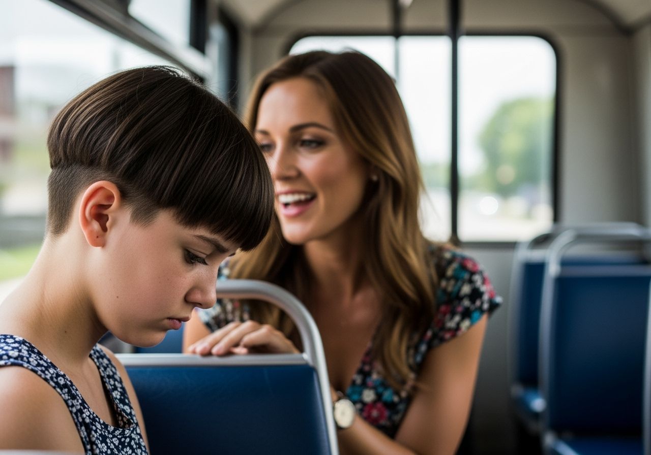 Sad English Girl on Bus, Photorealistic Style