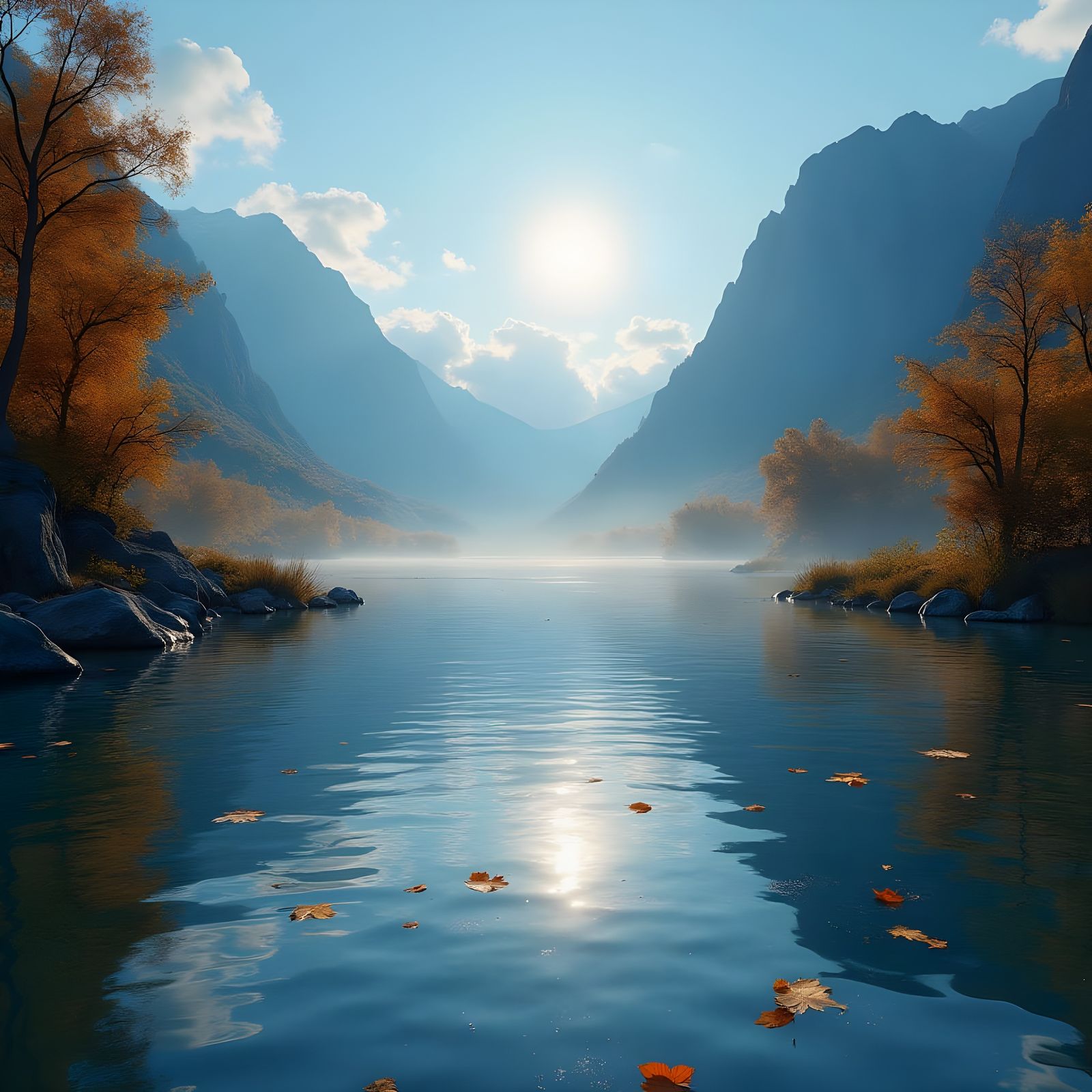 Dreamlike Fall Landscape with Swirling River and Crescent Su...