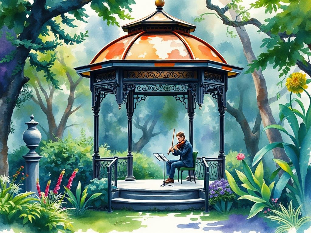 Art Deco Gazebo Serenade in Vibrant Watercolor