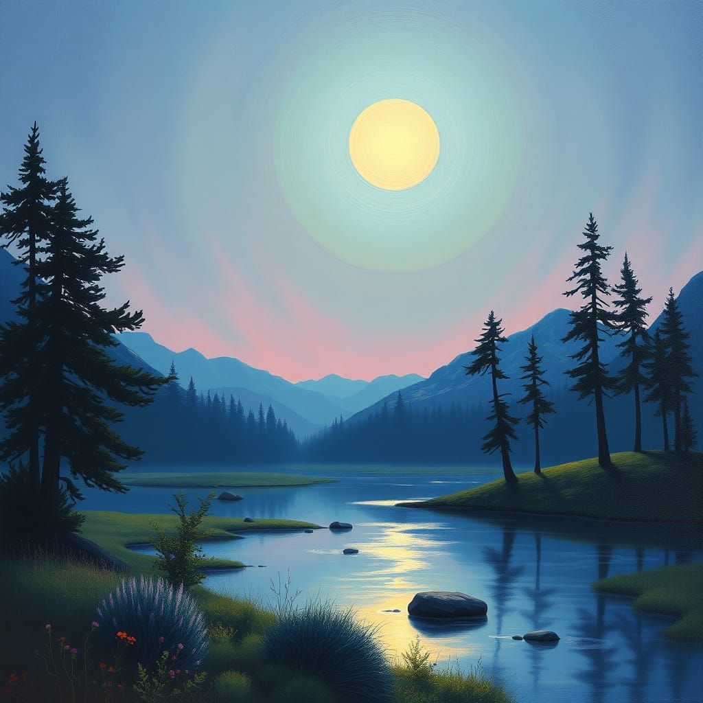 Moonlit Landscape Painting in Romantic Style