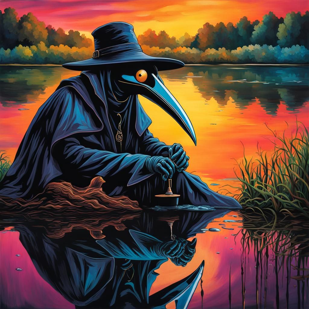 Plague Doctor Reflecting: Hyperrealistic Splash Art Portrait