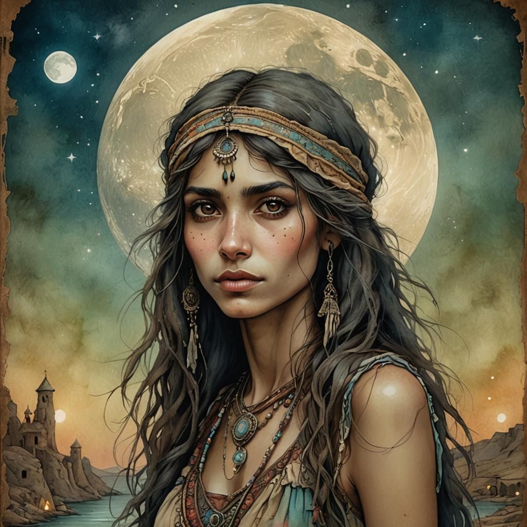 Close-up Portrait of a Gipsy Woman in Arabian Nights Style