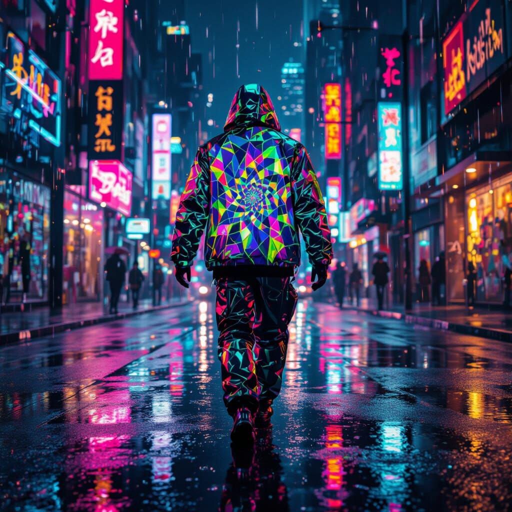 Kaleidoscope Android in Neon Cyberpunk City