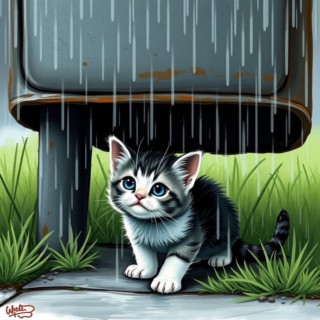 Girl Comforts Soaked Kitten on Rainy Day