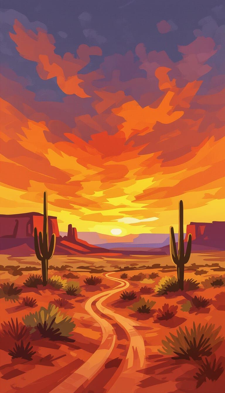 Vibrant Desert Landscape in Bold Brushstrokes