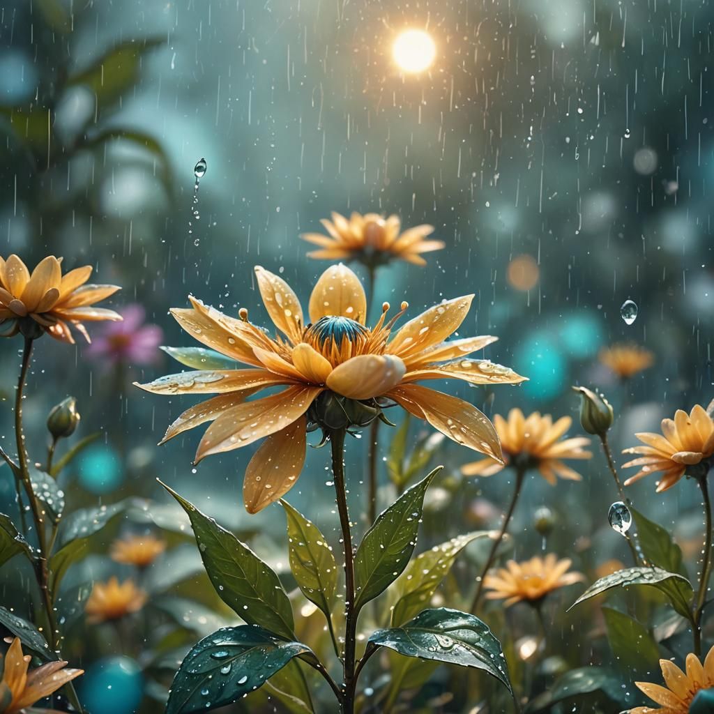 Happy Flower Enjoys Rain in Fantasy Art
