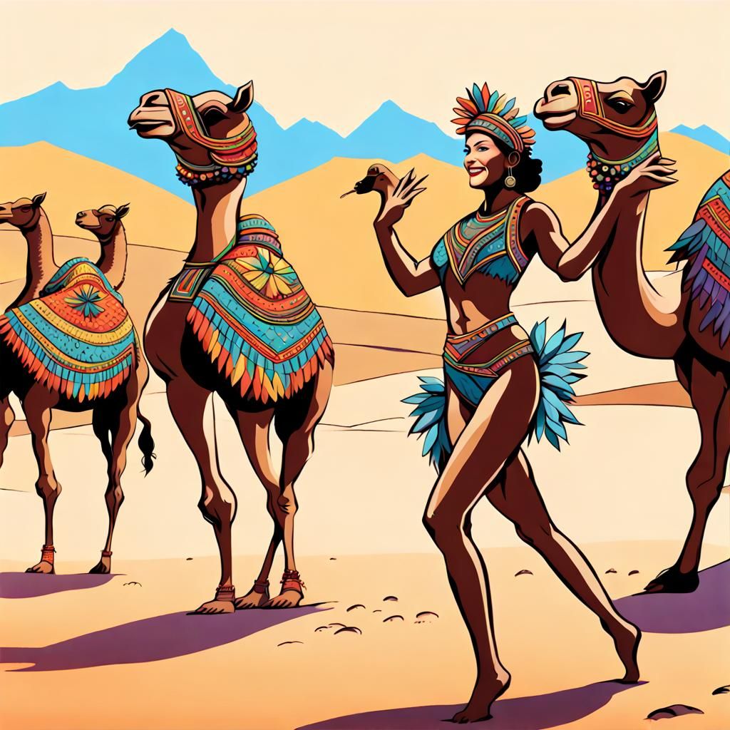 5 brazilian women dancing samba in front of 3 small decorate...