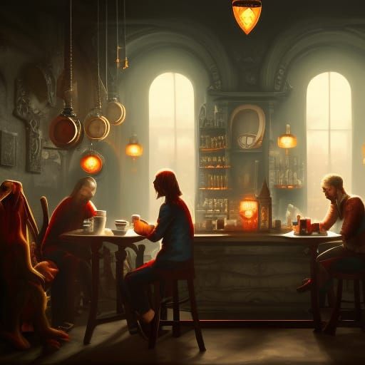 Burgundy Cafe Scene in Detailed Matte Painting Style