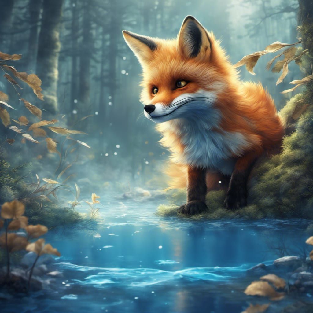 Chibi Fox Runs in Forest by Lit Lake