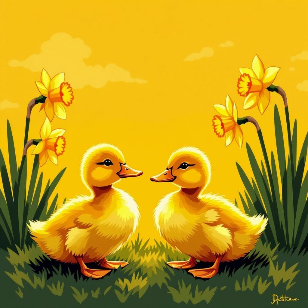 Daffodils and Ducklings Under a Yellow Sky