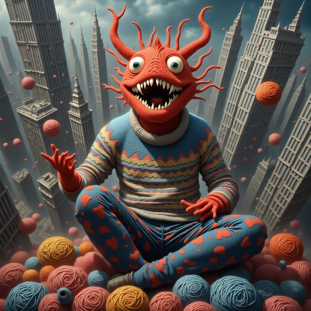Yarn Monster Knitting Sweater in Pop Surrealism