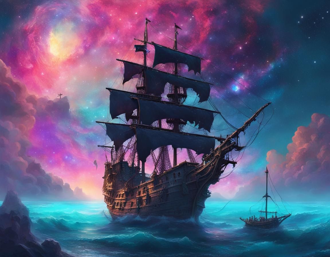Enchanted Pirate Ship on Nebula Sea: Digital Illustration