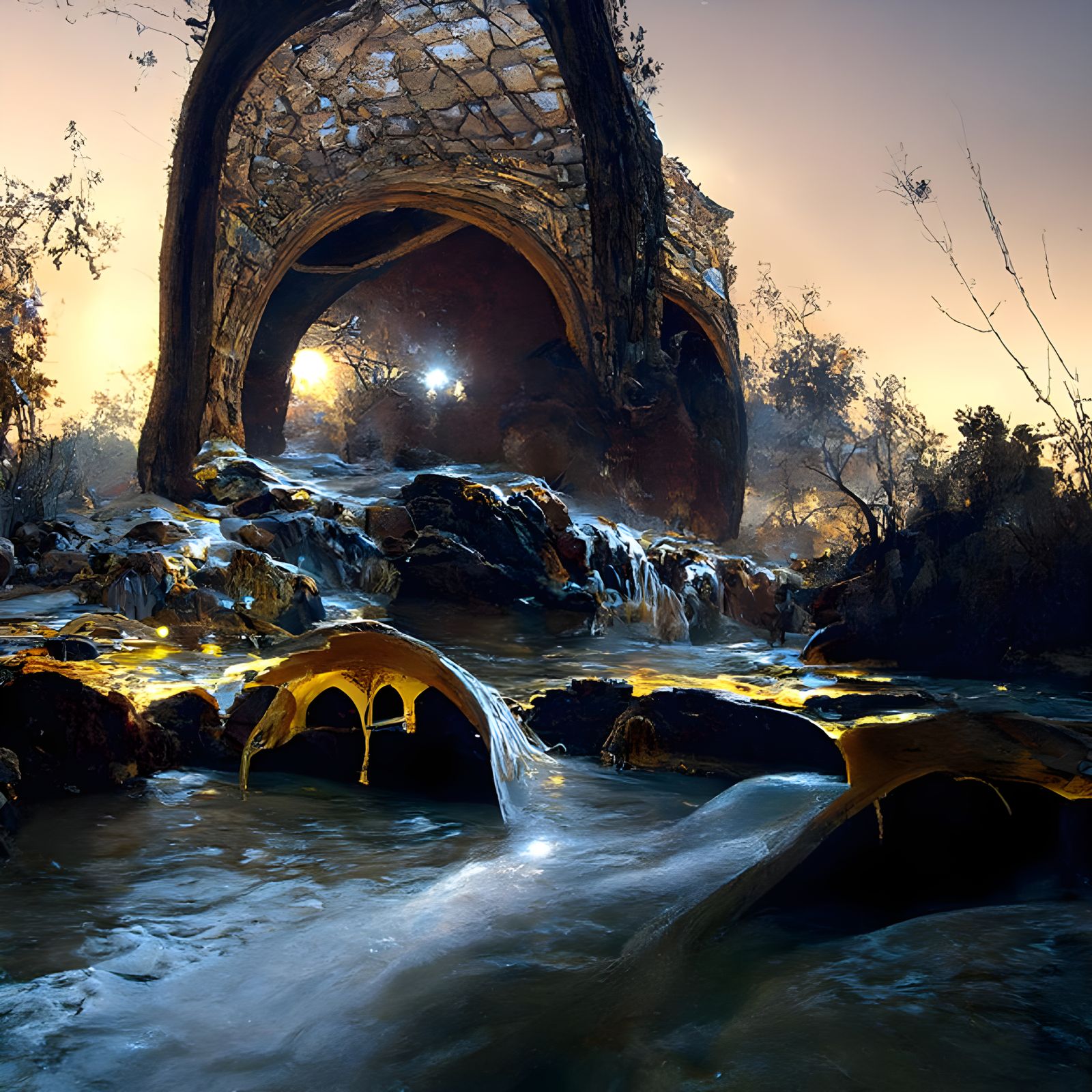 Honey River Under Beehive Archway at Night