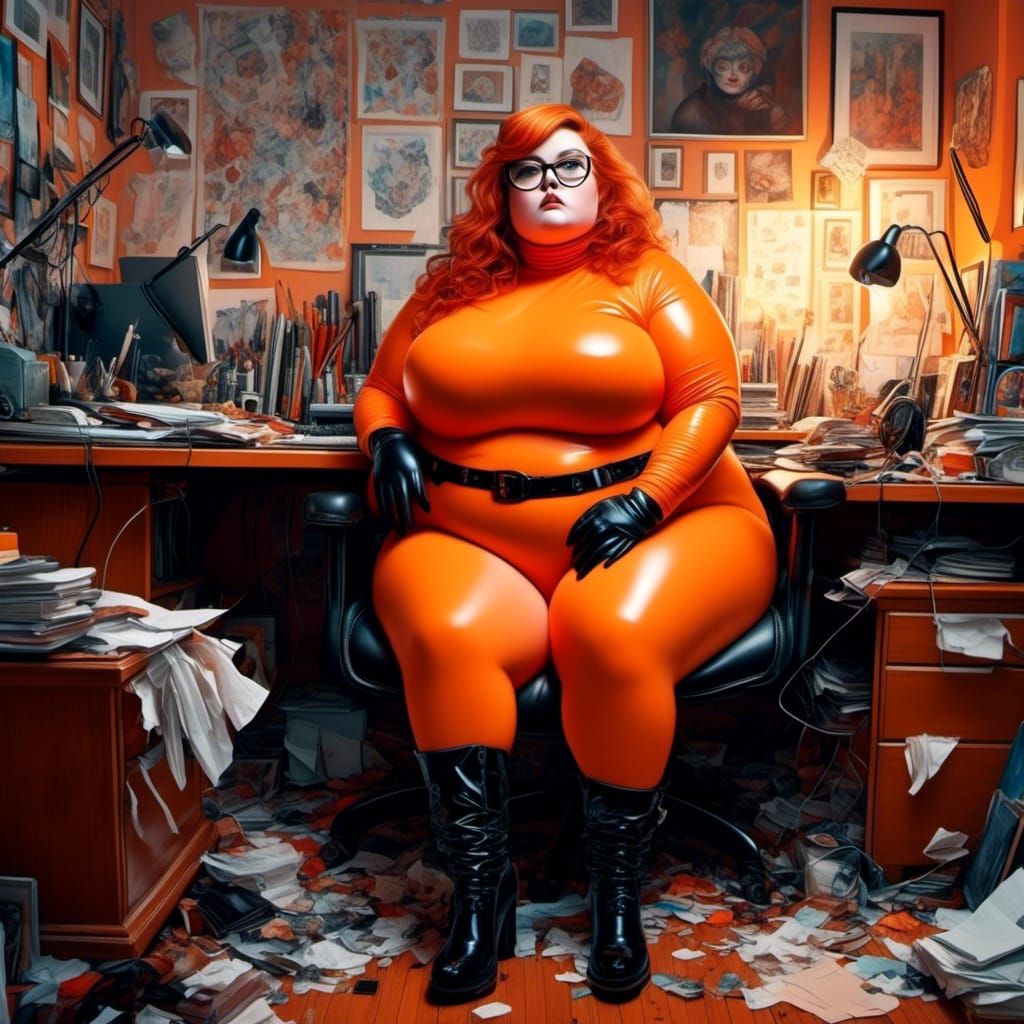 Plus-Size Velma in Latex Dress Working in Office