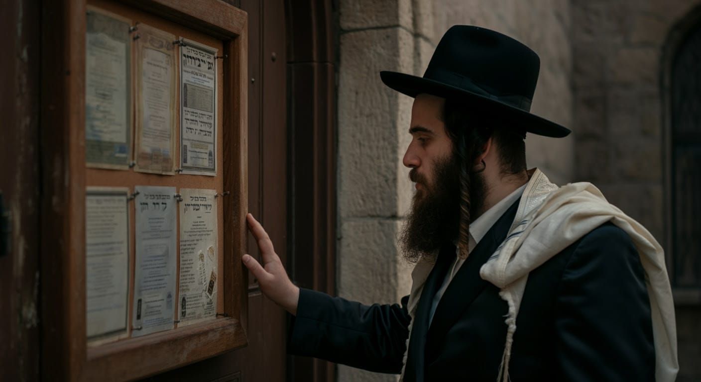 Traditional Hasidic Man in Contemplative Repose at Synagogue...