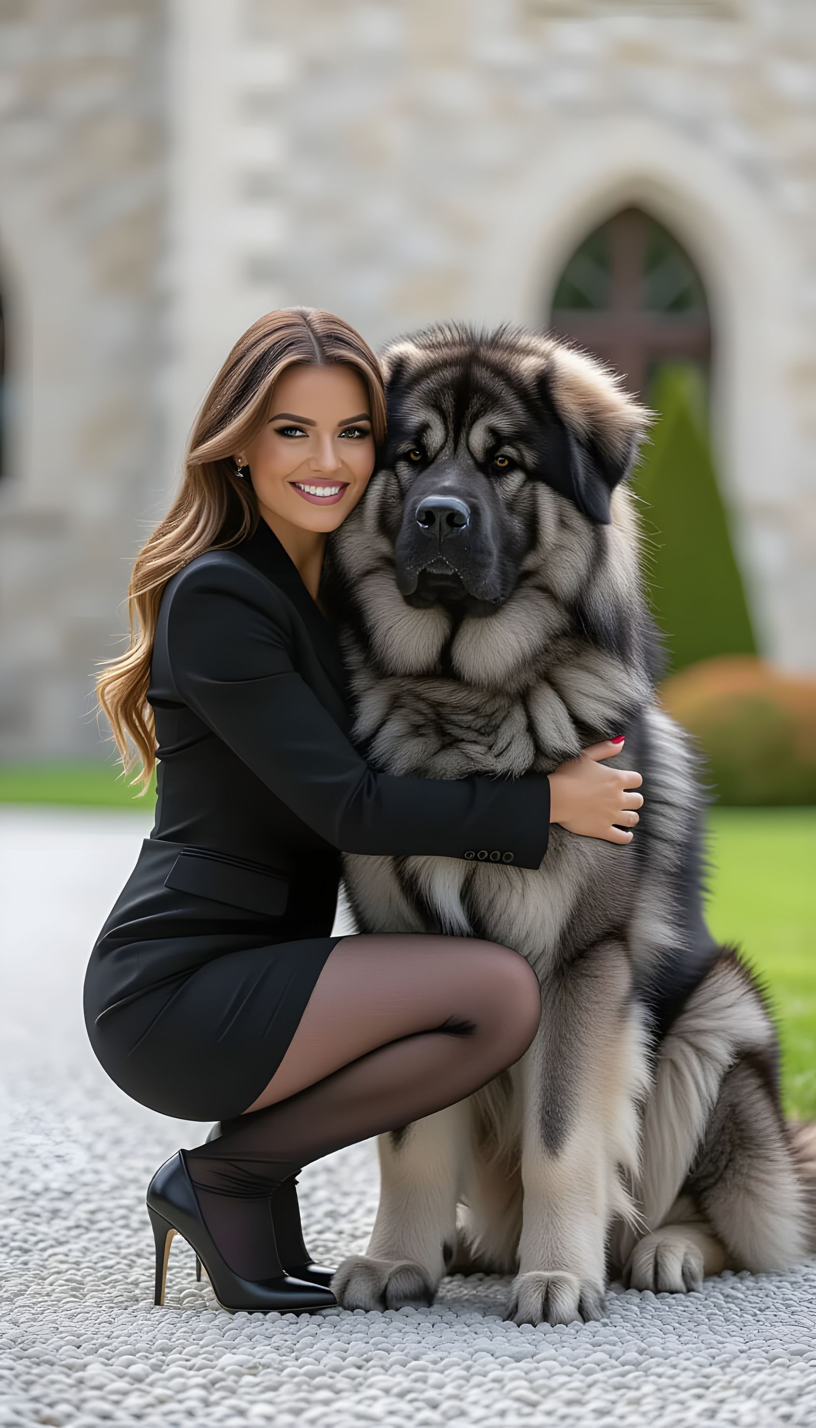 Woman and Tibetan Mastiff in Castle Yard