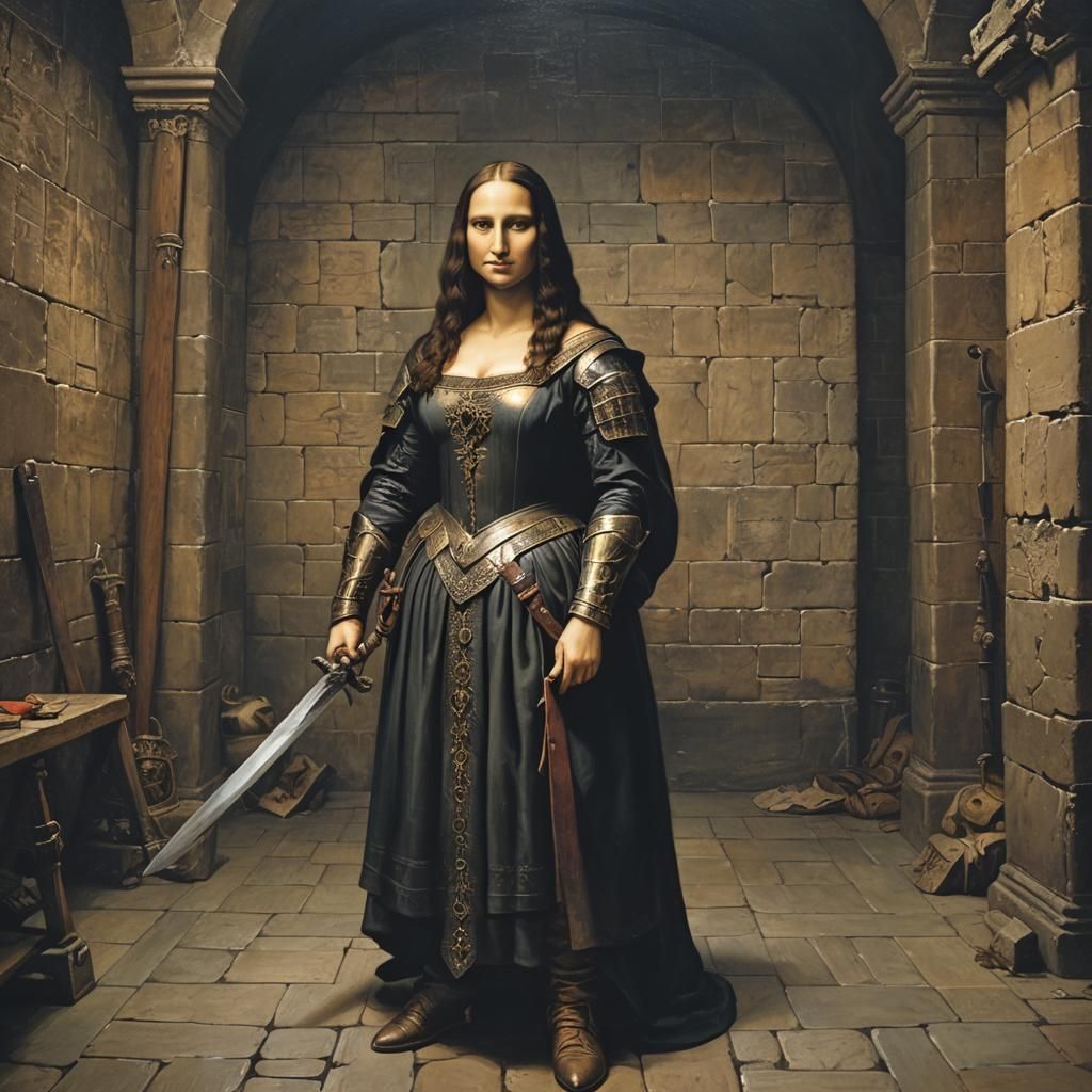 Mona Lisa as a Warrior in a Dungeon